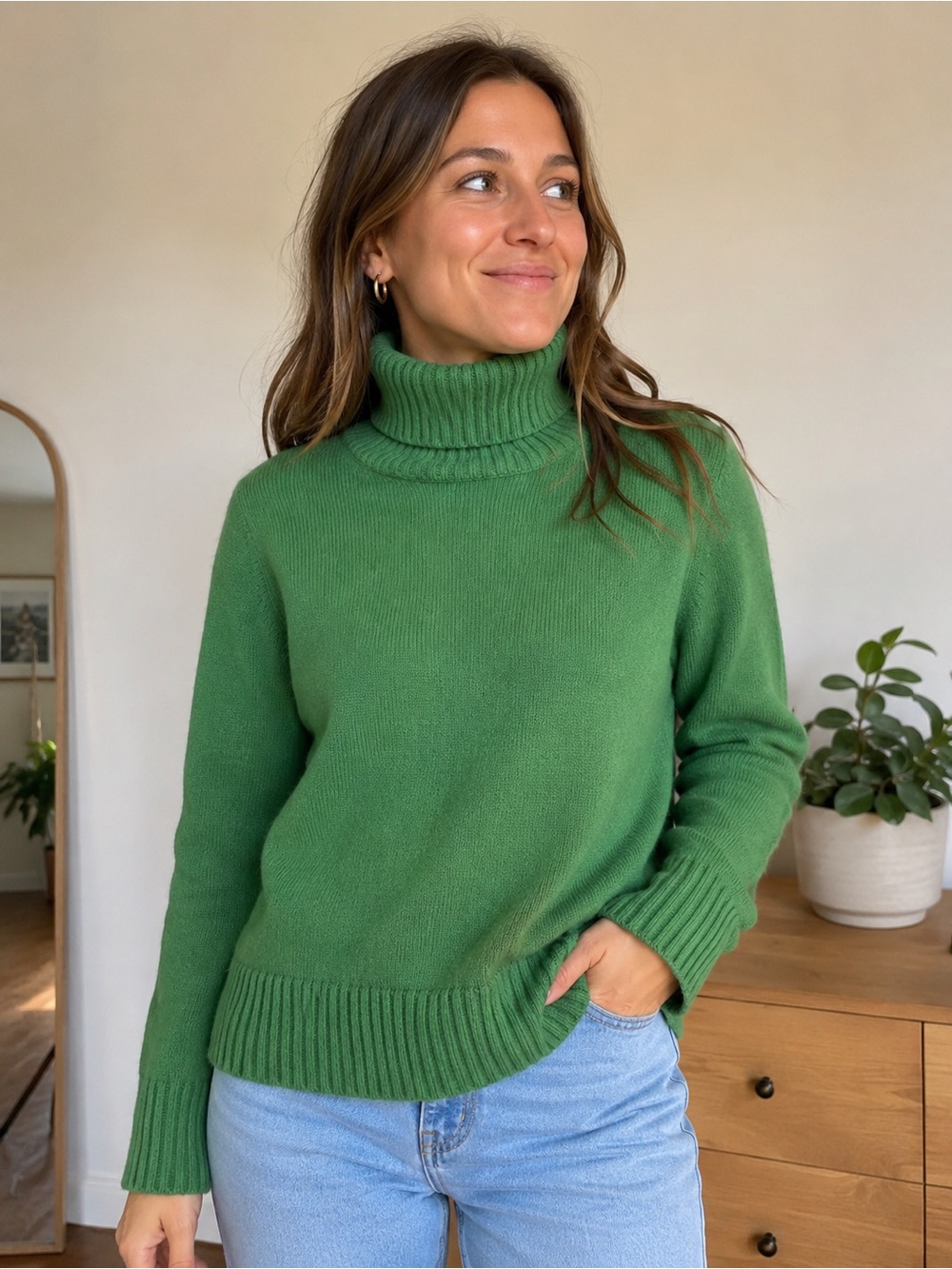 Women's Green Turtleneck Sweater - Merino Wool and Cashmere